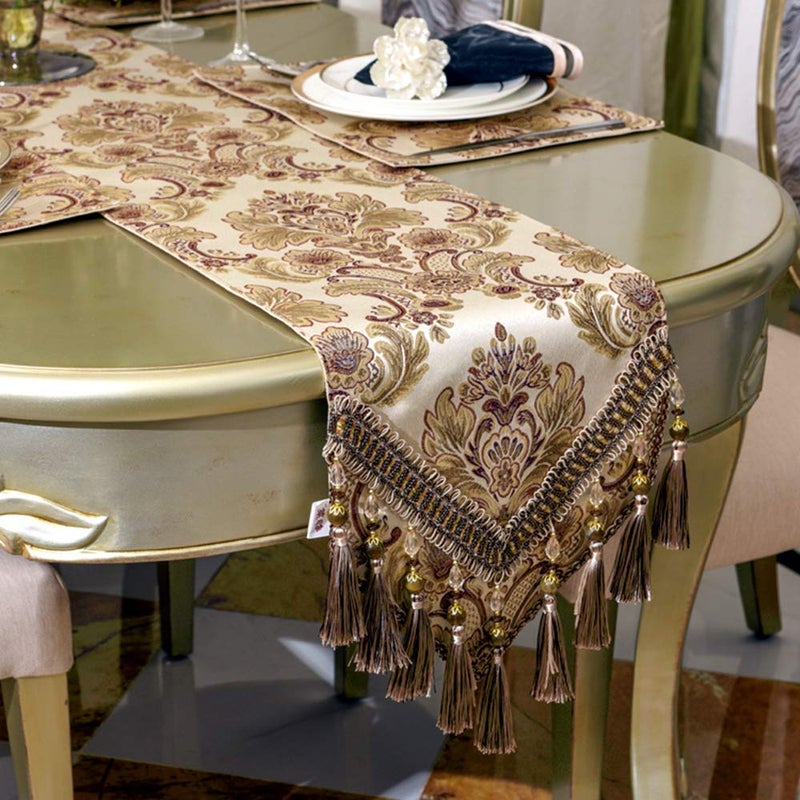 OZXCHIXU European Jacquard Fabric Multi-Tassels Table Runner (14x120 inch, Khaki) - Image 4